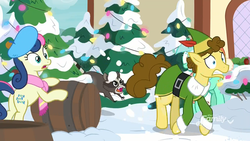 Size: 1280x720 | Tagged: safe, screencap, bon bon, budding pine, buddy the elf, lyra heartstrings, sweetie drops, earth pony, elf, pony, raccoon, unicorn, g4, my little pony best gift ever, barrel, clothes, does somebody need a hug, elf costume, feathered hat, female, hat, male, mare, snow, stallion, tree, winter outfit