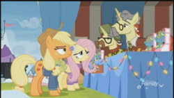 Size: 2208x1242 | Tagged: safe, screencap, applejack, flam, flim, fluttershy, holly the hearths warmer doll, earth pony, pegasus, pony, unicorn, g4, my little pony best gift ever, applejack is not amused, brothers, clothes, discovery family logo, disguise, female, flim flam brothers, hat, male, mare, stallion, twins, unamused, winter outfit