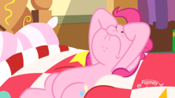 Size: 1920x1080 | Tagged: safe, screencap, pinkie pie, earth pony, pony, g4, my little pony best gift ever, bed, belly, female, lying on bed, mare, pinkie's room, solo