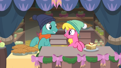 Size: 1920x1080 | Tagged: safe, screencap, autumn leaf, cherry berry, earth pony, pony, g4, my little pony best gift ever, background pony, bow, cake, clothes, curtains, decoration, duo, female, food, hat, jar, male, mare, pie, ponies standing next to each other, scarf, stallion, vendor, vendor stall, winter outfit