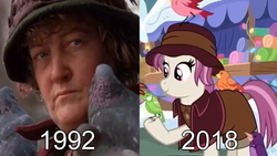 Size: 1280x720 | Tagged: safe, edit, edited screencap, screencap, constance, heartfelt song, bird, earth pony, pony, g4, my little pony best gift ever, brenda fricker, clothes, cropped, female, hat, home alone, home alone 2: lost in new york, mare, pigeon lady, winter outfit