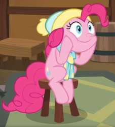Size: 601x663 | Tagged: safe, screencap, pinkie pie, earth pony, pony, g4, my little pony best gift ever, cheek squish, clothes, cropped, cute, diapinkes, female, hat, hooves on cheeks, mare, ponk, scarf, sitting, solo, squishy cheeks, stool, winter outfit