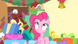 Size: 1920x1080 | Tagged: safe, screencap, gummy, pinkie pie, alligator, earth pony, pony, g4, my little pony best gift ever, christmas, clothes, cute, diapinkes, duo, female, hat, holiday, looking up, male, mare, present, santa hat, tongue out, winter outfit