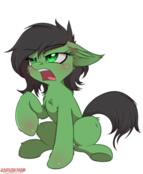 Size: 1428x1731 | Tagged: safe, artist:orang111, oc, oc only, oc:filly anon, pony, angry, cheek fluff, chest fluff, ear fluff, ears back, female, filly, simple background, sitting, solo, transparent background, watermark