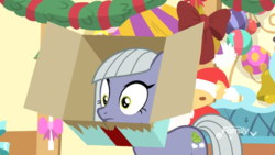 Size: 1920x1080 | Tagged: safe, screencap, limestone pie, earth pony, pony, g4, my little pony best gift ever, box, female, mare, silly, silly pony, solo