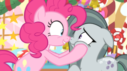 Size: 1920x1080 | Tagged: safe, screencap, marble pie, pinkie pie, earth pony, pony, g4, my little pony best gift ever, boop, cheek squish, discovery family, discovery family logo, duo, female, mare, nose wrinkle, noseboop, scrunchy face, sisters, squishy cheeks, twins