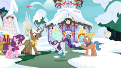 Size: 1920x1080 | Tagged: safe, screencap, gelato cone, mochaccino, rare find, rarity, sugar belle, earth pony, pony, unicorn, best gift ever, g4, bell, boots, bow, carousel boutique, cart, christmas decoration, clothes, decoration, female, food, gritted teeth, hat, ice cream, ice cream cone, magic, magic aura, male, mare, messy eating, open mouth, ponyville, present, running, scarf, shoes, snow, stallion, sunglasses, surprised, tree, winter outfit, wreath