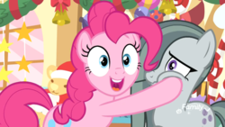 Size: 1920x1080 | Tagged: safe, screencap, marble pie, pinkie pie, earth pony, pony, best gift ever, g4, cheek squish, discovery family, discovery family logo, duo, female, looking at you, mare, sisters, squishy cheeks, twins