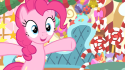 Size: 1920x1080 | Tagged: safe, screencap, pinkie pie, earth pony, pony, best gift ever, g4, couch, cute, female, mare, solo, spread hooves
