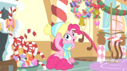 Size: 1920x1080 | Tagged: safe, screencap, pinkie pie, earth pony, pony, best gift ever, g4, clothes, cute, diapinkes, female, hat, mare, scarf, solo, winter outfit
