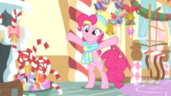 Size: 1920x1080 | Tagged: safe, screencap, pinkie pie, earth pony, pony, best gift ever, g4, bipedal, clothes, cute, diapinkes, discovery family logo, female, hat, mare, scarf, solo, spread hooves, winter outfit, y pose