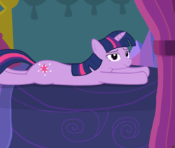 Size: 6500x5500 | Tagged: safe, artist:devfield, twilight sparkle, pony, g4, absurd resolution, bed, bedroom, bedroom eyes, curtains, female, looking at you, pillow, prone, shadow, solo, this will end in snu snu, twilight's castle