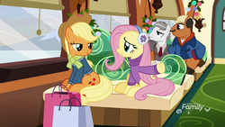 Size: 1920x1080 | Tagged: safe, screencap, applejack, fluttershy, bat, earth pony, pegasus, pony, spider, g4, my little pony best gift ever, bag, clothes, del griffith, discovery family logo, earmuffs, female, fluttershy's purple sweater, hat, hearth's warming eve, john candy, male, mare, neal page, necktie, neighl page, planes trains and automobiles, pumpkin, snow, stallion, steve martin, suit, sweater, sweatershy, train, unnamed character, unnamed pony, winter coat, winter outfit