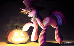 Size: 3888x2423 | Tagged: safe, artist:airiniblock, part of a set, twilight sparkle, alicorn, pony, rcf community, g4, butt, clothes, costume, featureless crotch, female, halloween, halloween costume, high res, holiday, jack-o-lantern, looking at you, looking back, looking back at you, mare, patreon, patreon logo, plot, pumpkin, socks, solo, striped socks, twilight sparkle (alicorn)