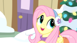 Size: 1920x1080 | Tagged: safe, screencap, fluttershy, pegasus, pony, g4, my little pony best gift ever, clothes, cute, earmuffs, female, fluttershy's purple sweater, mare, shyabetes, snow, solo, sweater, sweatershy, winter outfit