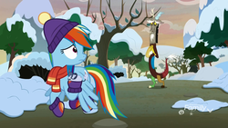 Size: 1920x1080 | Tagged: safe, screencap, discord, rainbow dash, bat, draconequus, pegasus, pony, spider, winterchilla, g4, my little pony best gift ever, boots, bush, clothes, cloud, cute, discovery family logo, discute, duo, evening, female, hat, male, mare, pumpkin, road, sad face, scarf, shoes, snow, solo, sunset, tree, winter outfit