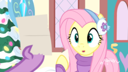 Size: 1920x1080 | Tagged: safe, screencap, fluttershy, spike, dragon, pony, g4, my little pony best gift ever, clothes, cute, earmuffs, female, mare, paper, solo focus, surprised, winged spike, wings, winter outfit