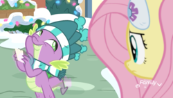 Size: 1920x1080 | Tagged: safe, screencap, fluttershy, spike, dragon, pony, g4, my little pony best gift ever, clothes, female, hat, male, mare, paper, scarf, smug, snow, striped scarf, winter outfit