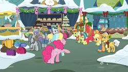 Size: 1920x1080 | Tagged: safe, screencap, apple bloom, applejack, big macintosh, boulder (g4), cloudy quartz, grand pear, granny smith, igneous rock pie, limestone pie, marble pie, maud pie, pinkie pie, earth pony, pony, best gift ever, g4, apple, apple family, apple slice, basket, book, bushel basket, cake, christmas ornament, cider barrel, clothes, cupcake, decoration, discovery family logo, earmuffs, female, filly, foal, food, hat, headband, jacket, luggage, male, mare, pie family, ponyville, rock, sack, scarf, snow, stallion, suitcase, tent, vendor stall