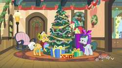 Size: 1920x1080 | Tagged: safe, screencap, apple bloom, cloudy quartz, grand pear, earth pony, pony, g4, my little pony best gift ever, apple, bookshelf, bow, christmas, christmas lights, christmas tree, clothes, decoration, discovery family logo, earmuffs, female, filly, food, garland, hat, hearth's warming tree, holiday, lamp, male, mare, pear, present, ribbon, rock, rug, scarf, stallion, sweet apple acres, tree, when you see it, winter outfit, wreath