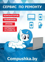 Size: 557x768 | Tagged: safe, oc, oc only, oc:compushka, pony, unicorn, advertisement, belarus, bootleg, computer, cyrillic, female, laptop computer, mare, repair shop, russian, solo, translated in the comments