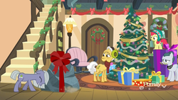 Size: 1920x1080 | Tagged: safe, screencap, apple bloom, cloudy quartz, grand pear, limestone pie, earth pony, pony, g4, my little pony best gift ever, apple, bookshelf, bow, christmas, christmas lights, christmas tree, clothes, decoration, discovery family logo, earmuffs, female, filly, food, garland, gift wrapped, hat, hearth's warming tree, holiday, lamp, male, mare, pear, present, pushing, ribbon, rock, rug, scarf, stallion, sweet apple acres, tree, when you see it, winter outfit, wreath