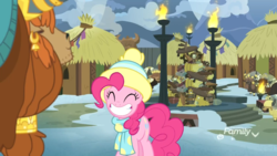 Size: 1920x1080 | Tagged: safe, screencap, pinkie pie, prince rutherford, yohimbine, yojan, yvette, earth pony, pony, yak, best gift ever, g4, clothes, cute, diapinkes, eyes closed, female, grin, hat, hut, mare, scarf, smiling, snow, unnamed character, unnamed yak, winter outfit, yakyakistan