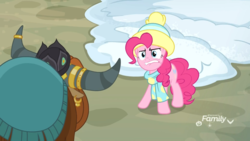 Size: 1920x1080 | Tagged: safe, screencap, pinkie pie, prince rutherford, earth pony, pony, yak, best gift ever, g4, clothes, crown, ear piercing, earring, female, hat, horn, horn ring, jewelry, mare, piercing, regalia, scarf, snow, winter outfit, yakyakistan