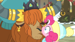 Size: 1920x1080 | Tagged: safe, screencap, pinkie pie, prince rutherford, pony, yak, best gift ever, g4, boop, clothes, crown, discovery family logo, duo, ear piercing, earring, female, hair over eyes, hat, horn, horn ring, jewelry, male, mare, nose wrinkle, noseboop, piercing, regalia, scarf, snow, winter outfit, yakyakistan