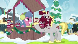 Size: 1920x1080 | Tagged: safe, screencap, cherry jumble, hugh jelly, earth pony, pony, best gift ever, g4, book, christmas, christmas lights, christmas ornament, clothes, decoration, discovery family logo, earmuffs, female, food, hearth's warming tree, holiday, jar, jelly, male, mare, rainbow falls (location), scarf, snow, stallion, tree, vendor stall, winter outfit