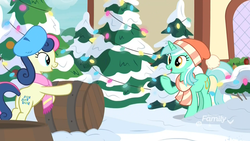 Size: 1920x1080 | Tagged: safe, screencap, bon bon, lyra heartstrings, sweetie drops, earth pony, pony, unicorn, g4, my little pony best gift ever, barrel, beret, best friends, bipedal, bipedal leaning, christmas, christmas lights, clothes, discovery family logo, eye contact, female, hat, holiday, leaning, looking at each other, mare, pine tree, ponyville, pushing, scarf, shipping fuel, striped scarf, tree, winter outfit