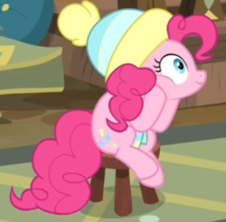 Size: 467x460 | Tagged: safe, screencap, pinkie pie, earth pony, pony, g4, my little pony best gift ever, clothes, cropped, cute, diapinkes, female, hat, mare, scarf, sitting, solo, stool, winter outfit