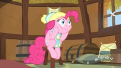 Size: 1920x1080 | Tagged: safe, screencap, pinkie pie, earth pony, pony, g4, my little pony best gift ever, clothes, female, hat, mare, scarf, sitting, solo, stool, winter outfit