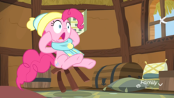 Size: 1920x1080 | Tagged: safe, screencap, pinkie pie, earth pony, pony, g4, my little pony best gift ever, clothes, female, hat, mare, scarf, shocked, sitting, solo, stool, winter outfit