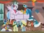 Size: 148x112 | Tagged: safe, screencap, gallus, ocellus, sandbar, silverstream, smolder, yona, changedling, changeling, dragon, griffon, hippogriff, pony, yak, best gift ever, g4, blurry, clothes, earmuffs, hat, hearth's warming eve, op i can't see shit, picture for breezies, scarf, student six, winter outfit