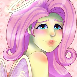 Size: 1080x1080 | Tagged: safe, artist:nichroniclesvsart, fluttershy, angel, equestria girls, g4, blushing, clothes, costume, cute, fluttershy the angel, halloween, halloween costume, halo, looking at you, shyabetes, wings
