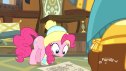 Size: 1920x1080 | Tagged: safe, screencap, pinkie pie, prince rutherford, earth pony, pony, yak, best gift ever, g4, clothes, cute, female, hat, looking down, map, mare, solo focus, winter outfit