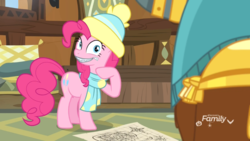 Size: 1920x1080 | Tagged: safe, screencap, pinkie pie, prince rutherford, earth pony, pony, yak, best gift ever, g4, clothes, female, hat, mare, scarf, solo focus, winter outfit, zipper, zippermouth