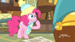 Size: 1920x1080 | Tagged: safe, screencap, pinkie pie, prince rutherford, earth pony, pony, g4, my little pony best gift ever, clothes, female, hat, map, mare, scarf, solo focus, winter outfit, zipper, zippermouth