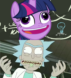 Size: 932x1026 | Tagged: safe, screencap, twilight sparkle, alicorn, pony, g4, my little pony best gift ever, chalkboard, comparison, cross-eyed, discovery family logo, faic, female, male, pudding face, rick and morty, rick sanchez, twilight sparkle (alicorn), twirick