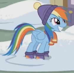 Size: 564x558 | Tagged: safe, screencap, rainbow dash, pegasus, pony, best gift ever, g4, boots, clothes, cropped, cute, dashabetes, female, grin, hat, mare, scarf, shoes, smiling, snow, solo, squee, wide grin, winter outfit