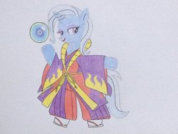 Size: 1024x768 | Tagged: safe, artist:don2602, trixie, unicorn, semi-anthro, g4, arm hooves, clothes, crossover, female, makeup, orb, red lipstick, samurai shodown, solo, traditional art