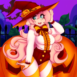 Size: 1417x1417 | Tagged: safe, artist:tolsticot, oc, oc only, oc:aime, bat, deer, deer pony, human, original species, anthro, barely pony related, clothes, female, halloween, hat, heart eyes, holiday, jack-o-lantern, pumpkin, socks, solo, striped socks, wingding eyes, witch hat