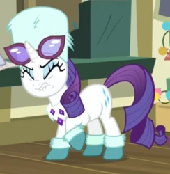 Size: 549x562 | Tagged: safe, screencap, rarity, pony, unicorn, g4, my little pony best gift ever, angry, clothes, cropped, eyes closed, female, glasses, hat, mare, post office, solo, winter outfit