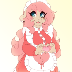 Size: 1275x1272 | Tagged: safe, artist:tolsticot, oc, oc only, oc:aime, deer, deer pony, original species, anthro, anthro oc, apron, barely pony related, clothes, female, heart eyes, heart hands, maid, solo, wingding eyes