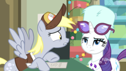 Size: 1920x1080 | Tagged: safe, screencap, derpy hooves, rarity, pegasus, pony, unicorn, best gift ever, g4, clothes, duo, female, glasses, hat, mailmare hat, mare, post office, uniform, winter outfit