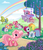 Size: 800x938 | Tagged: safe, artist:kathy carr, cheerilee (g3), pinkie pie (g3), rainbow dash (g3), scootaloo (g3), starsong, sweetie belle (g3), toola-roola, g3, g3.5, core seven, outdoors, rainbows, tree, upscaled, waifu2x