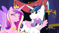 Size: 912x513 | Tagged: safe, screencap, princess cadance, princess flurry heart, shining armor, alicorn, pony, unicorn, g4, my little pony best gift ever, baby, baby pony, cute, family, female, filly, foal, male, mare, spread wings, stallion, trio, wings