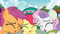 Size: 1920x1080 | Tagged: safe, screencap, apple bloom, scootaloo, sweetie belle, earth pony, pegasus, pony, unicorn, best gift ever, g4, adorabloom, close-up, clothes, cute, cutealoo, cutie mark crusaders, diasweetes, discovery family logo, earmuffs, excited, eyes closed, female, filly, foal, hat, scarf, tongue out, trio
