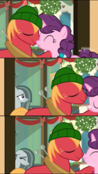 Size: 720x1281 | Tagged: safe, screencap, big macintosh, marble pie, sugar belle, pony, unicorn, best gift ever, g4, boop, clothes, collage, eyes closed, female, hat, heartbreak, heartbroken marble, male, mare, mistletoe, ship:sugarmac, shipping, shipping denied, side chick, stallion, straight, wince, winter outfit